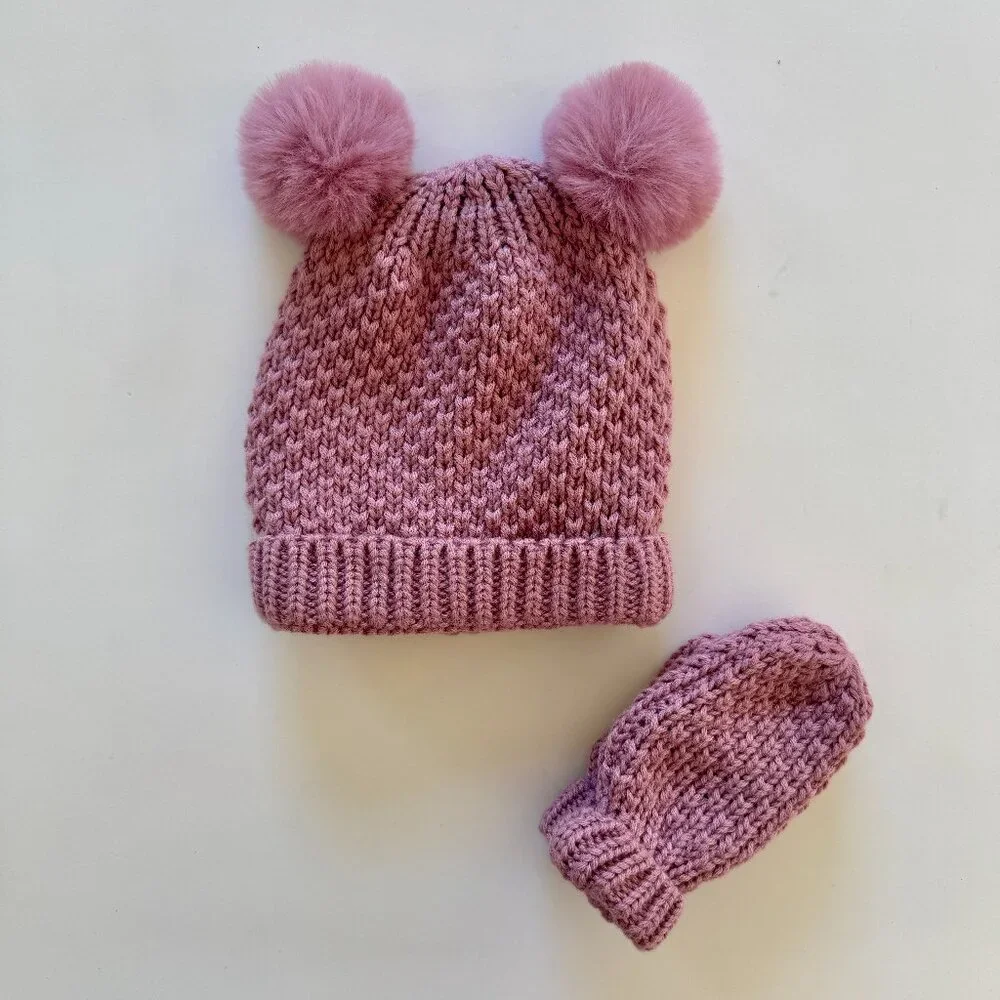 ZARA Knit Pom Beanie + Mittens Set | Pink | One Size | EUC